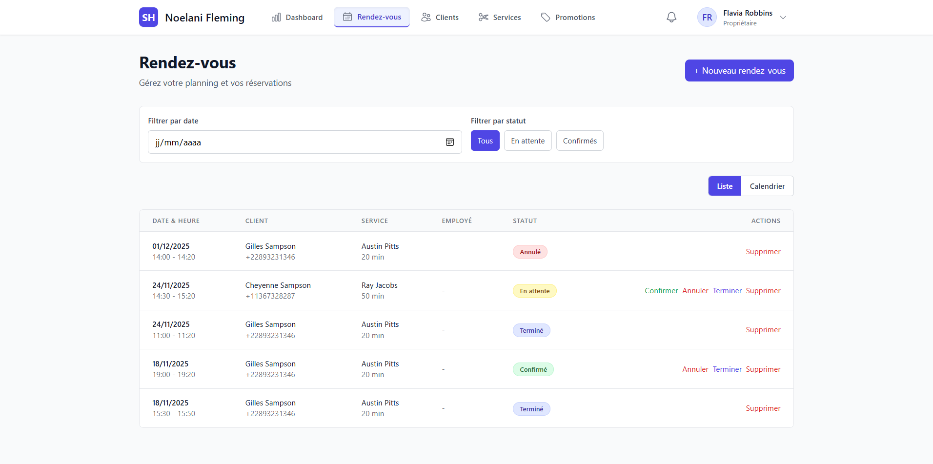 Interface de planification et calendrier SalonHub